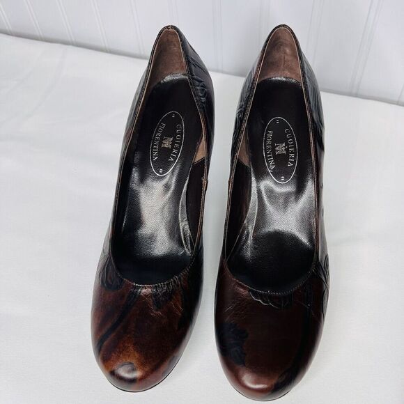 Cuoieria Fiorentina Italy Tuscan Sz 8.5 Heels Chocolate Brown Leather Floral - Picture 10 of 11